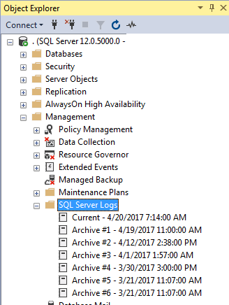 Object Explorer showing the logs archive